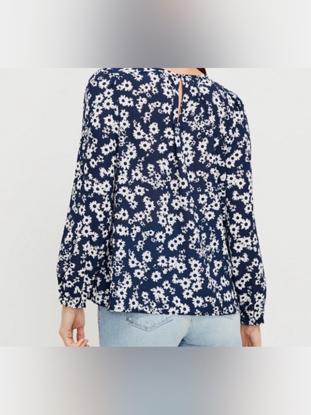 LOFT Navy and White Floral Long Sleeve Blouse - Picture 2 of 10
